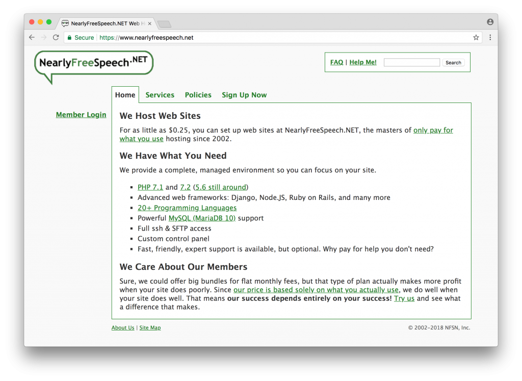 NearlyFreeSpeech.net homepage